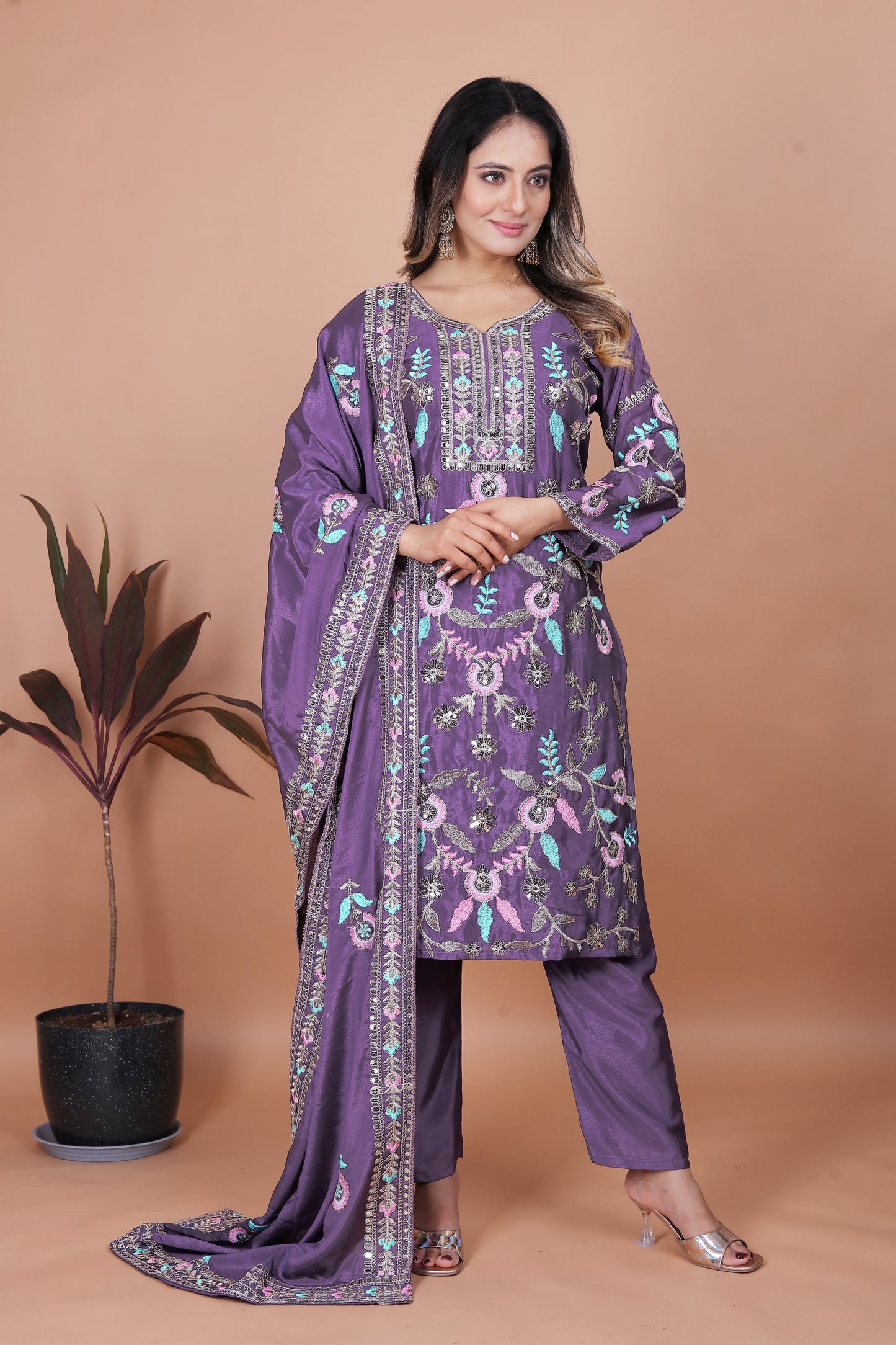 Women's Beautiful Embroidery Chinon Fabric Straight Kurta Pant and Dupatta Set