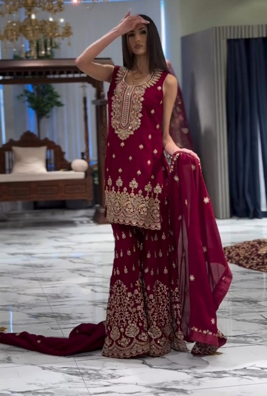 Heavy Fox Georgette Embroidery work Kurta with Sharara and Dupatta set