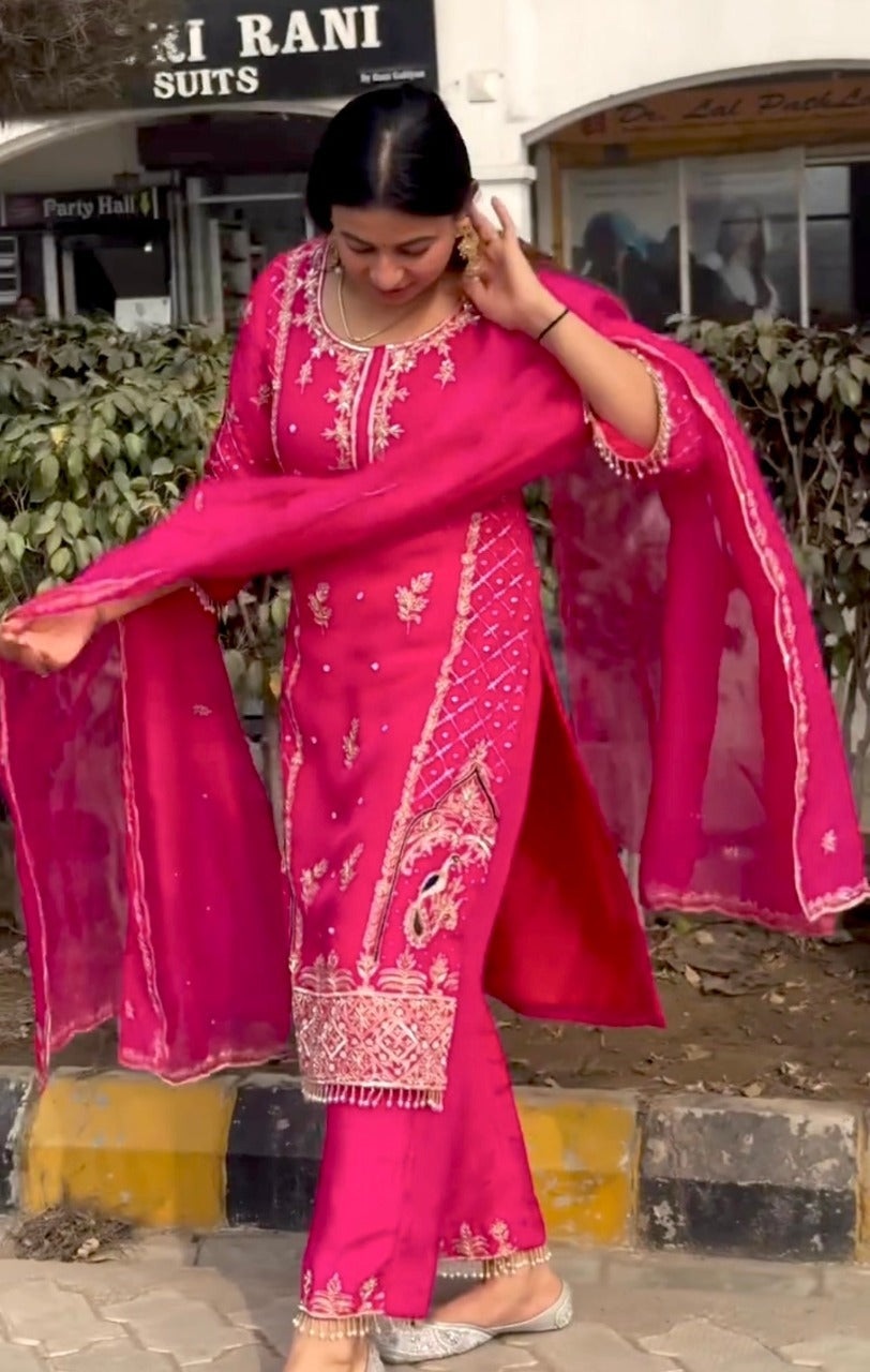 Women's Chinon fabric Embroidery work Kurta with Pant and Dupatta set 3888