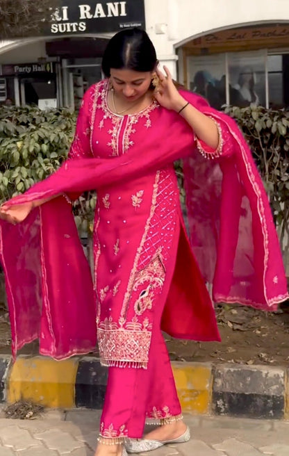 Women's Chinon fabric Embroidery work Kurta with Pant and Dupatta set 3888