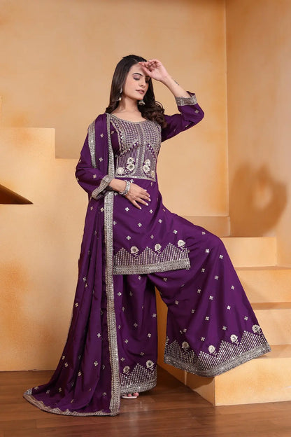 Women's Gorgeous Embroidery Work Natural Crep Fabric Straight Kurta Sharara and Dupatta Set