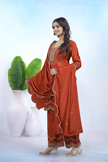 Women's Gorgeous Embroidery Work Natural Crep Fabric Straight Kurta Pant and Dupatta Set