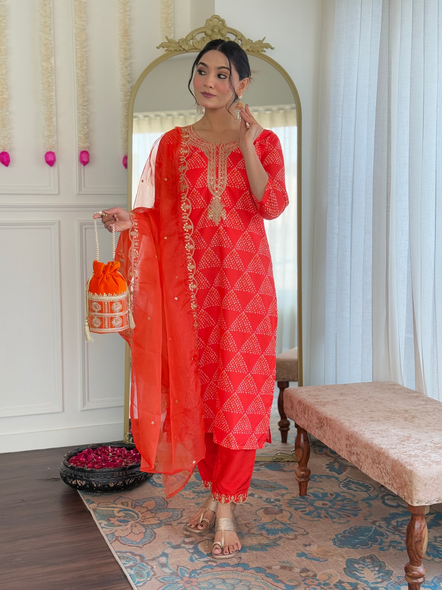 Red French Crepe Fabric Straight Kurta, Pant and Dupatta Set