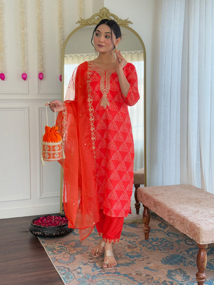 Red French Crepe Fabric Straight Kurta, Pant and Dupatta Set