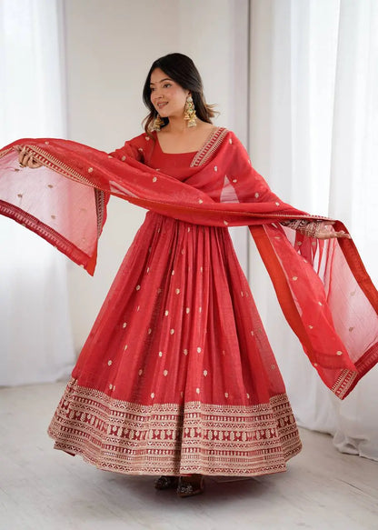 Women's Beautiful Embroidery Work Crunchy Silk Fabric Flared Anarkali and Dupatta Set