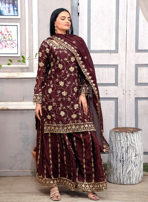 Women's Heavy Chinon Embroidery work Kurta with Sharara and Dupatta set