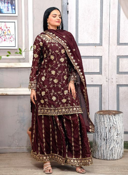 Women's Heavy Chinon Embroidery work Kurta with Sharara and Dupatta set
