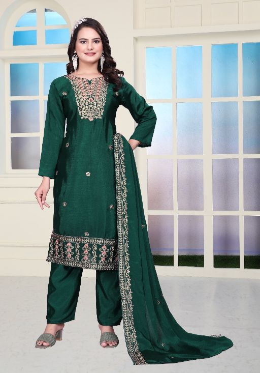 Women's Chinon fabric Embroidery work Kurta with Pant and Dupatta set