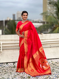 Red Color Soft Silk Fabric Woven Paithani Designer Cultural Rich Saree