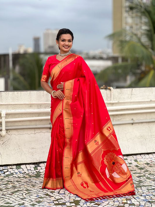 Red Color Soft Silk Fabric Woven Paithani Designer Cultural Rich Saree