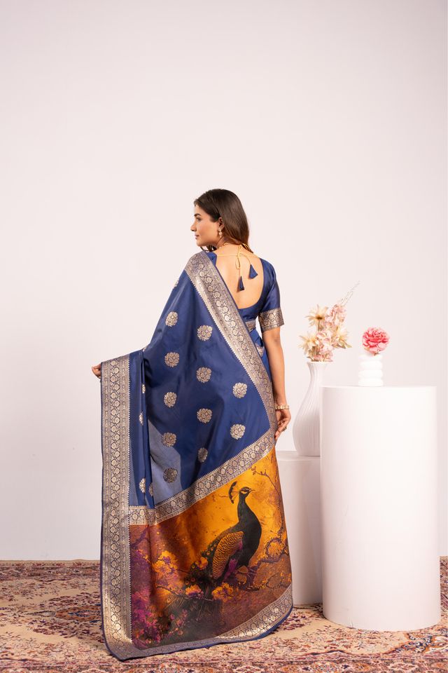 Blue Color Banarasi Silk Fabric Designer Partywear Saree
