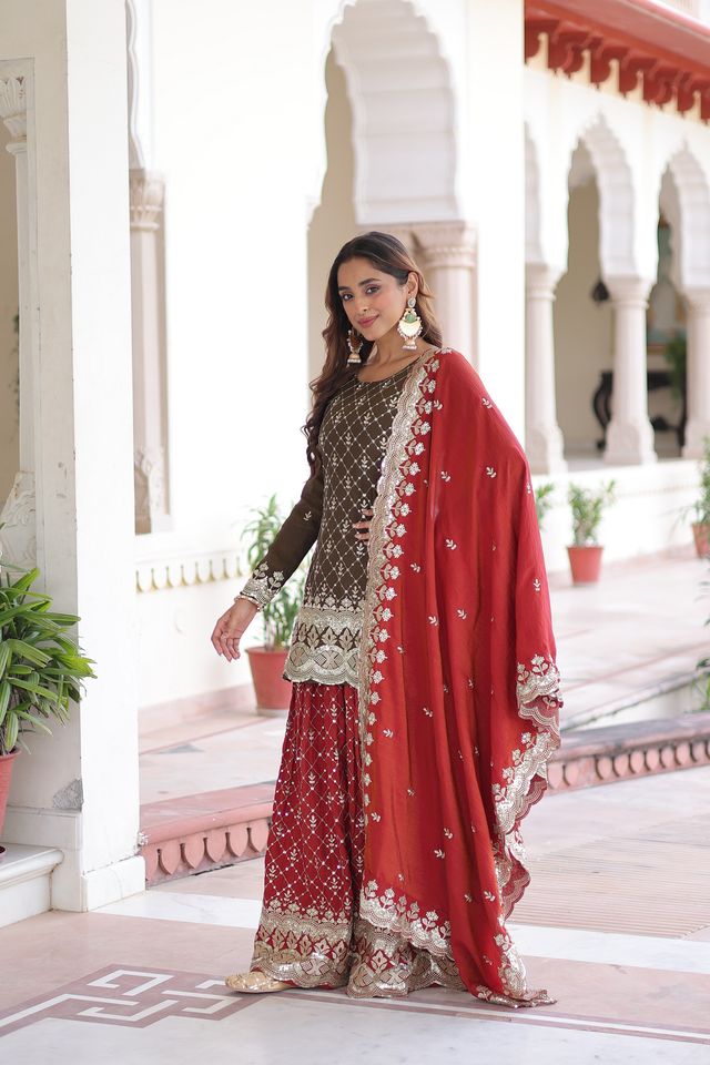 Brown Color Vichitra Silk Fabric Classy Sequins Embroidered Partywear Readymade Suit With Dupatta