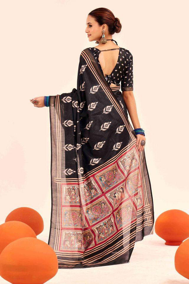 Black Color Cotton Silk Fabric Designer Digital Printed Saree