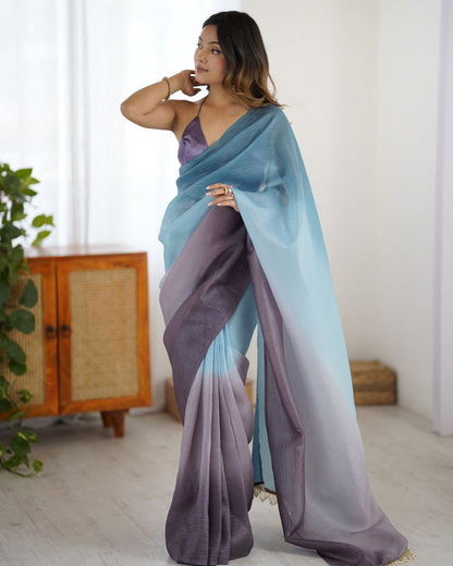 Designer Sky Blue-Grey Color Candy Crush Silk Fabric Stylish Pre Stitched Saree