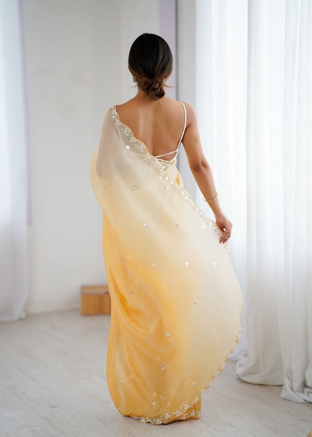 Mustard Color Chiffon Crush Fabric Beautiful Sophisticated Work Ceremonial Saree