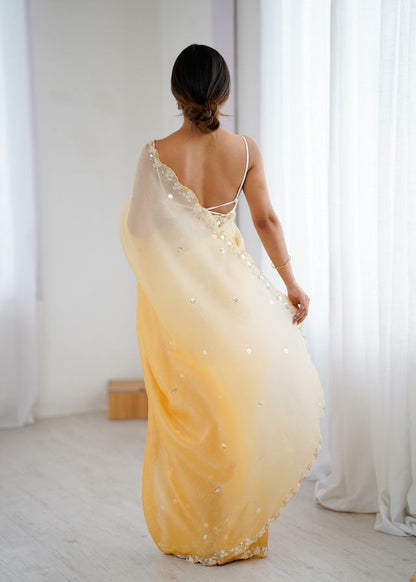 Mustard Color Chiffon Crush Fabric Beautiful Sophisticated Work Ceremonial Saree