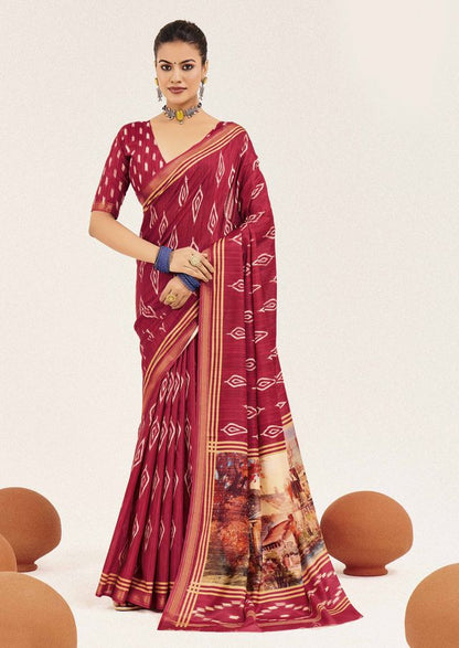 Magenta Color Cotton Silk Fabric Designer Digital Printed Saree