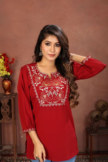 Maroon Color Rinkal Cotton Fabric Formal Looking Casual Short Kurta