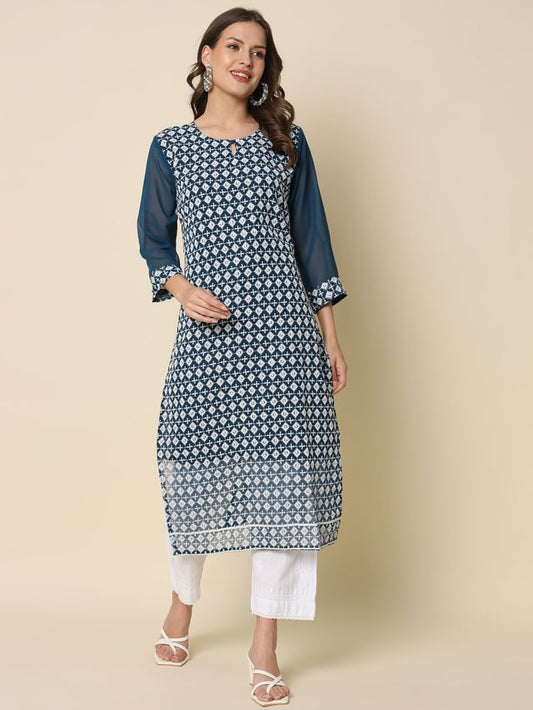 Teal Color Georgette Fabric Chikankari Work Formal Kurta For Girls