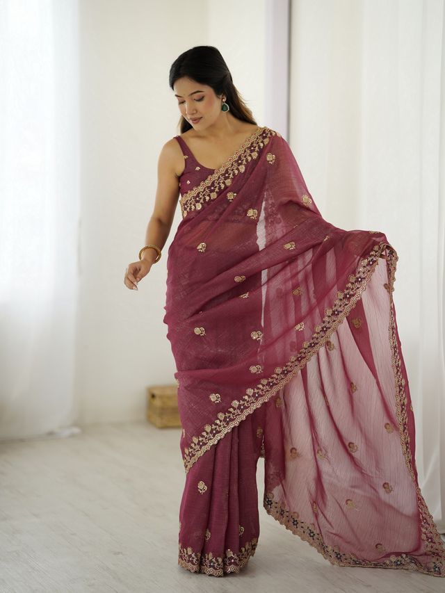 Onion Color Crunchy Fabric Beautiful Partywear Saree For Girlie Looks