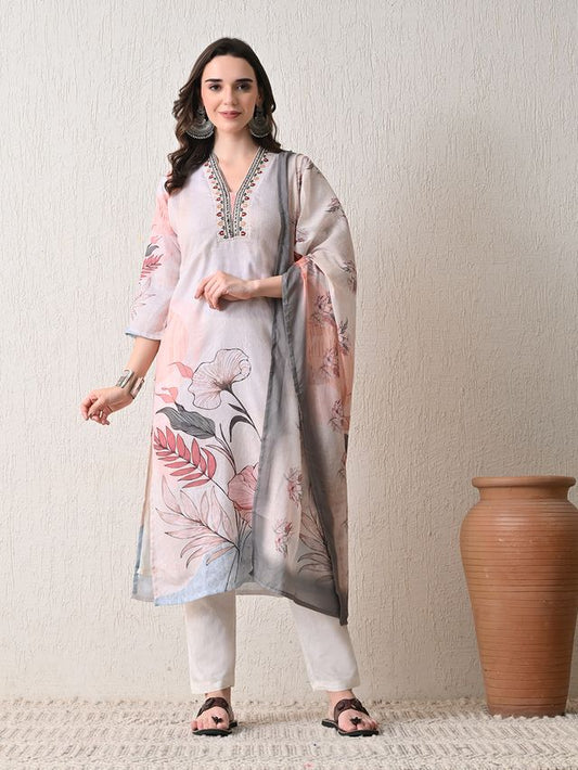 Grey Color Linen Fabric Designer Partywear Readymade Suit