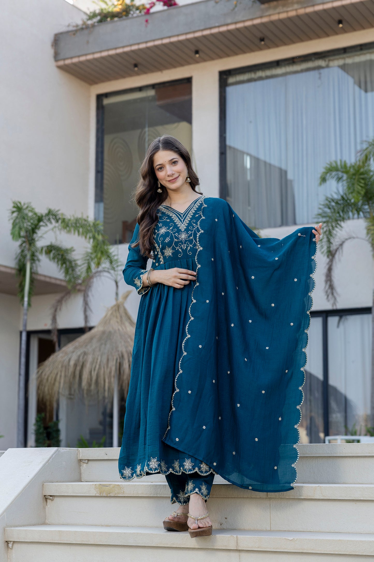 Women's Beautiful Embroidery Work Vichitra Silk Fabric Flared Anarkali Pant and Dupatta Set