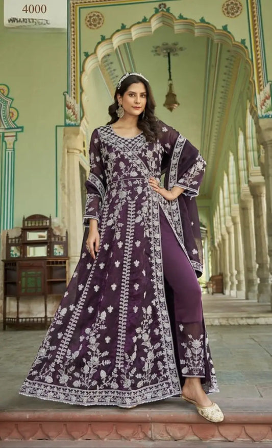 Purple Silk Semi Stitched Anarkali Suit with Embroidery & Sequins Work