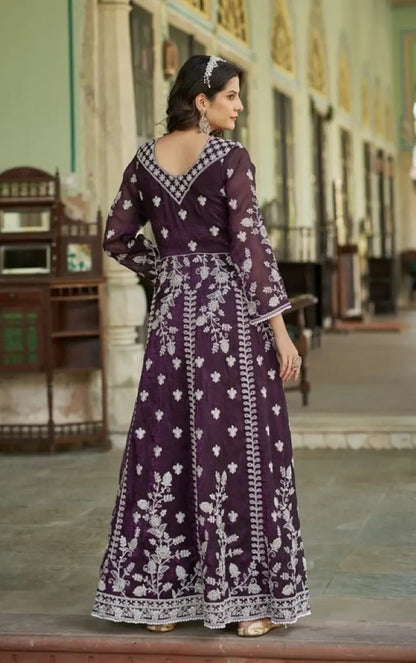 Purple Silk Semi Stitched Anarkali Suit with Embroidery & Sequins Work