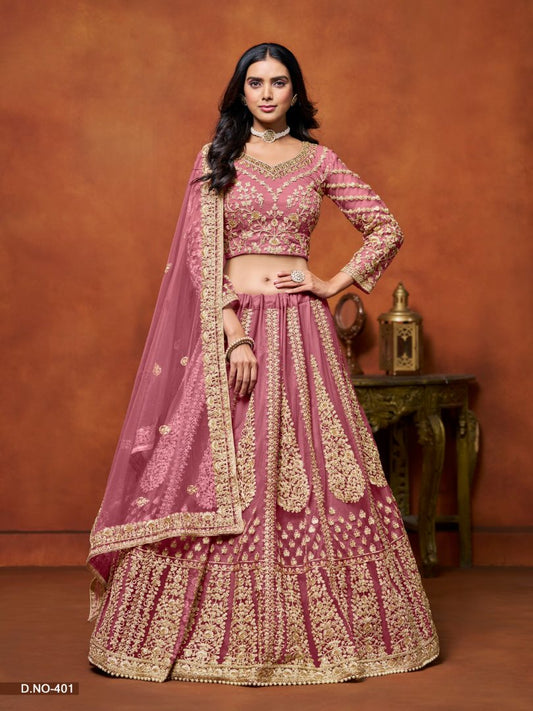 Pink Embroidered Net Designer Lehenga With Blouse