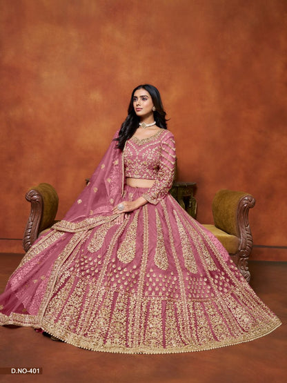 Pink Embroidered Net Designer Lehenga With Blouse