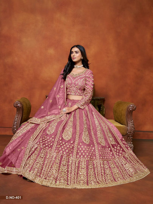 Pink Embroidered Net Designer Lehenga With Blouse