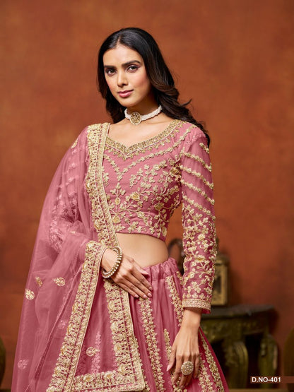 Pink Embroidered Net Designer Lehenga With Blouse