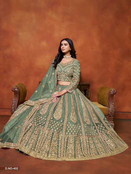 Light_Green Embroidered Net Designer Lehenga With Blouse