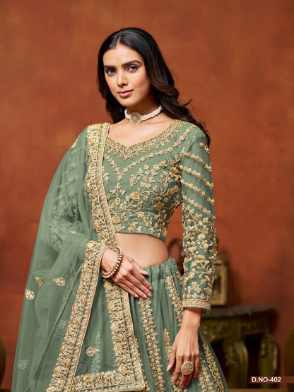 Light_Green Embroidered Net Designer Lehenga With Blouse