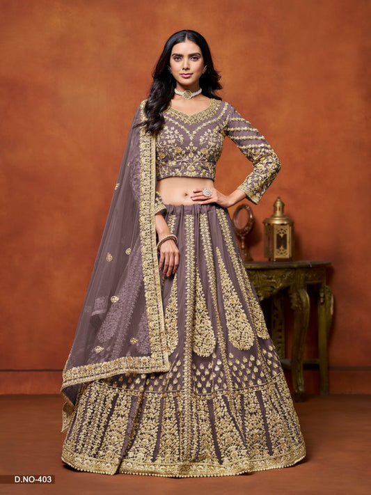 Purple Embroidered Net Designer Lehenga With Blouse