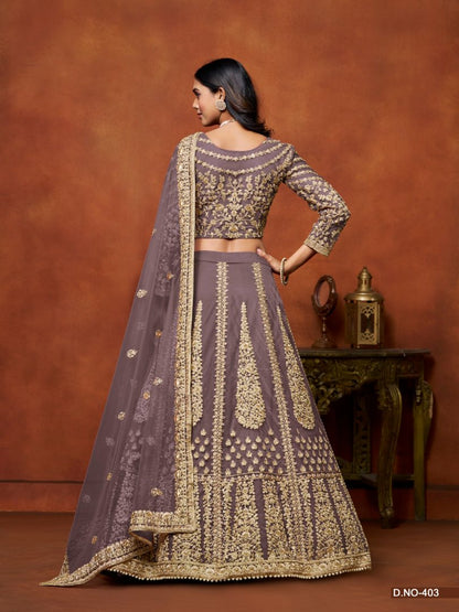 Purple Embroidered Net Designer Lehenga With Blouse