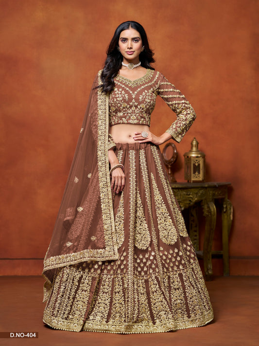 Brown Embroidered Net Designer Lehenga With Blouse