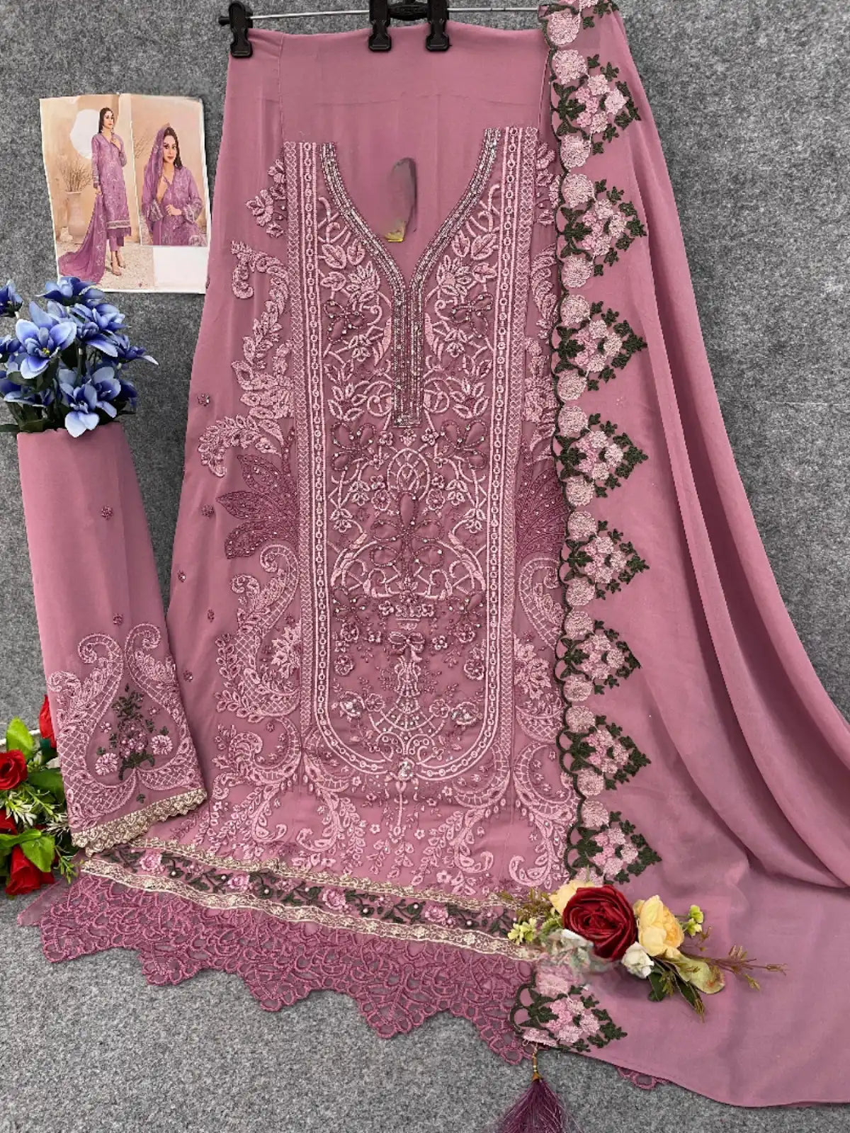 Lavender Faux Georgette Semi Stitched Suit with Embroidery Work