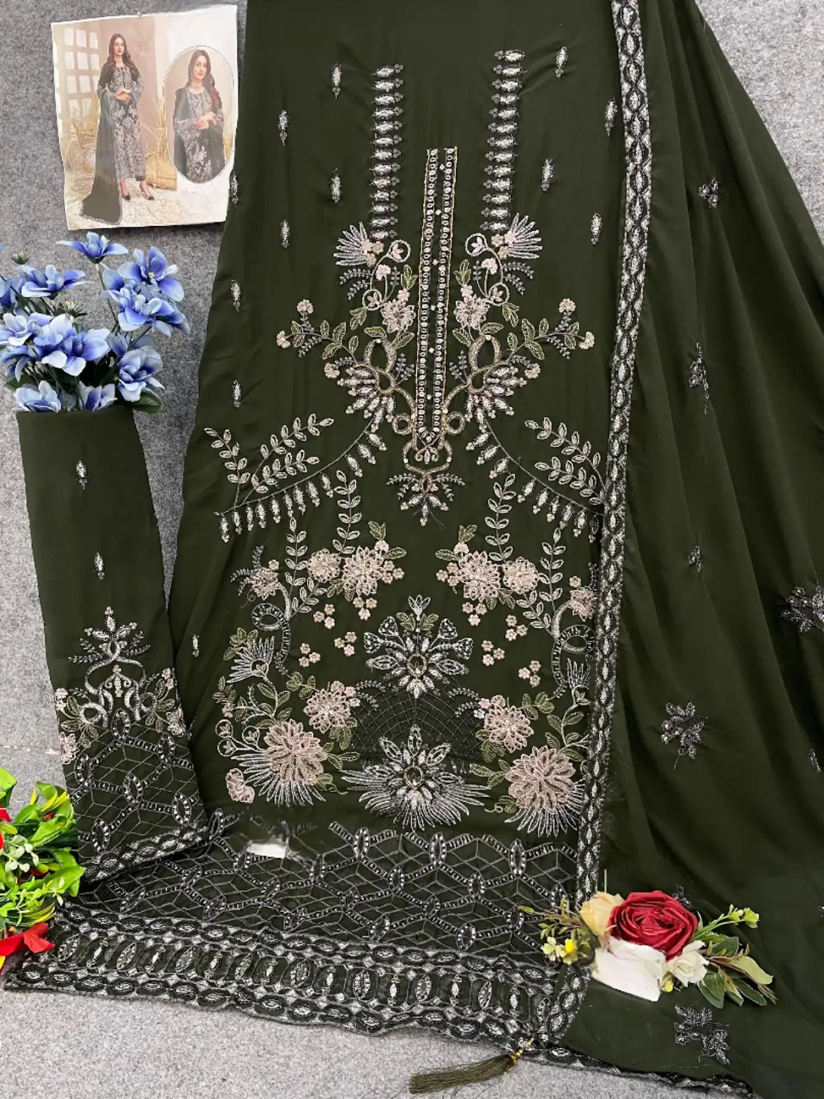Dark Green Faux Georgette Semi Stitched Suit with Embroidery Work