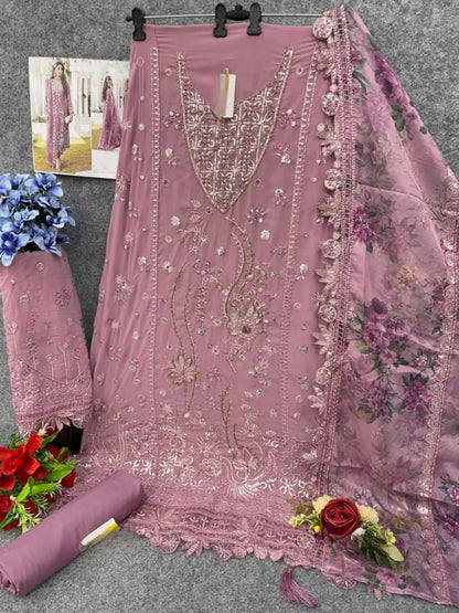 Pink Faux Georgette Semi Stitched Suit with Embroidery Work
