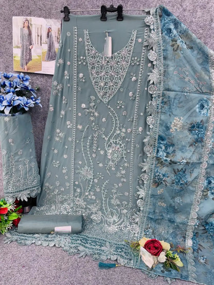 Sky Blue Faux Georgette Semi Stitched Suit with Embroidery Work