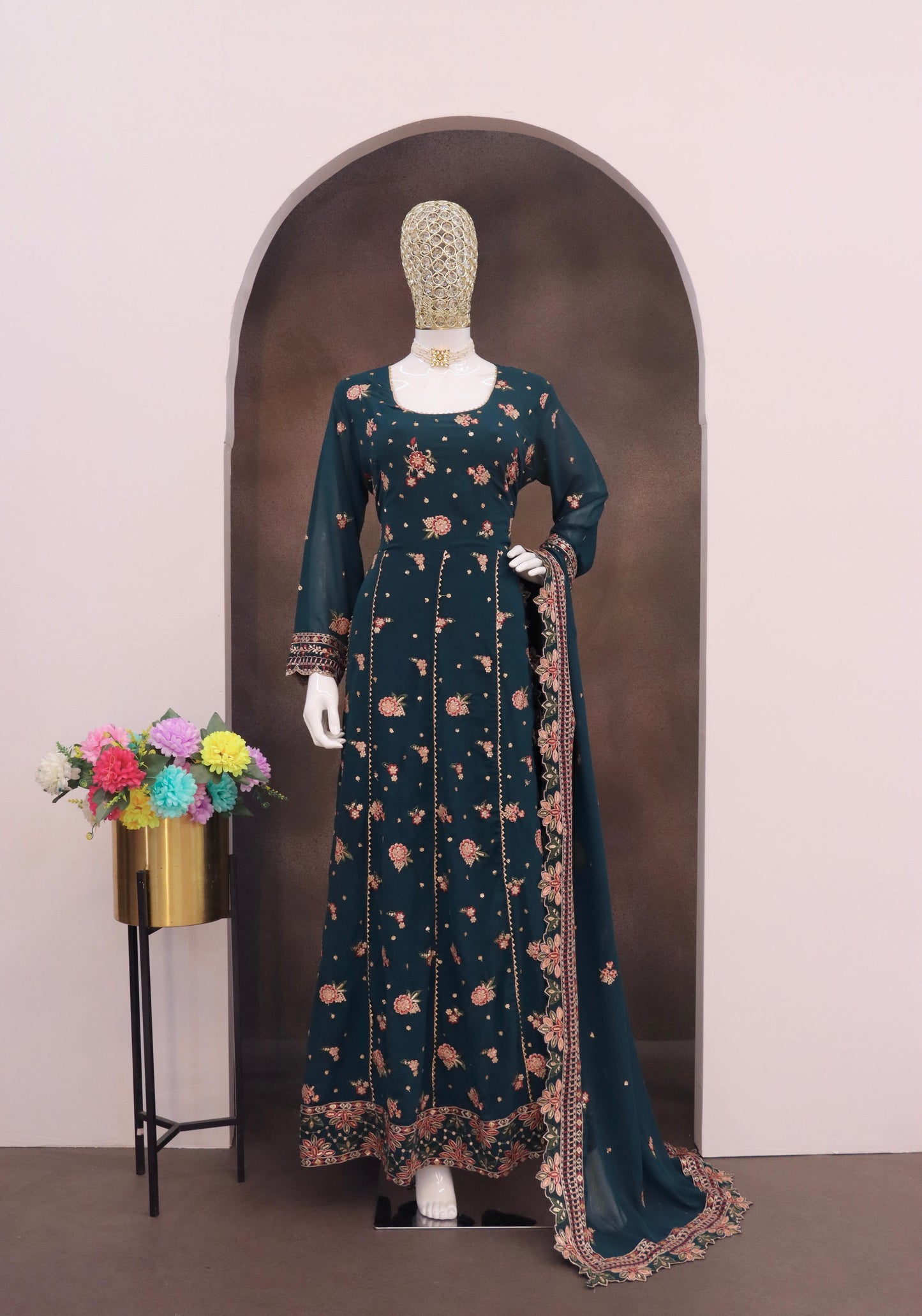 Teal Green Fauk Gerogette Sequence Embroidered Semi Stitched Salwar Suit