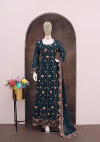 Teal Green Fauk Gerogette Sequence Embroidered Semi Stitched Salwar Suit