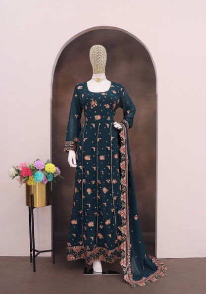 Teal Green Fauk Gerogette Sequence Embroidered Semi Stitched Salwar Suit