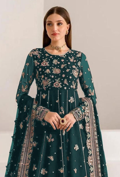 Teal Green Fauk Gerogette Sequence Embroidered Semi Stitched Salwar Suit