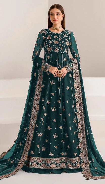 Teal Green Fauk Gerogette Sequence Embroidered Semi Stitched Salwar Suit