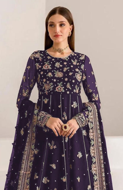 Purple Fauk Gerogette Sequence Embroidered Semi Stitched Salwar Suit