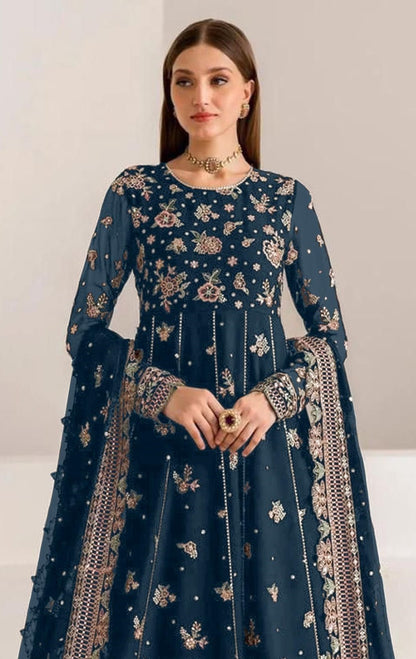 Navy Blue Fauk Gerogette Sequence Embroidered Semi Stitched Salwar Suit