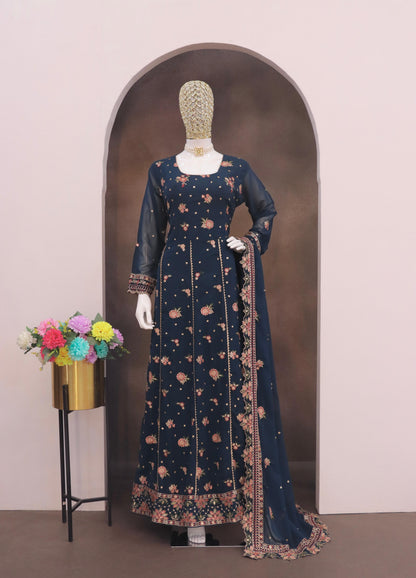 Navy Blue Fauk Gerogette Sequence Embroidered Semi Stitched Salwar Suit
