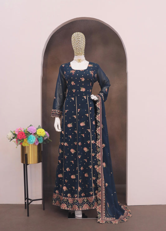 Navy Blue Fauk Gerogette Sequence Embroidered Semi Stitched Salwar Suit